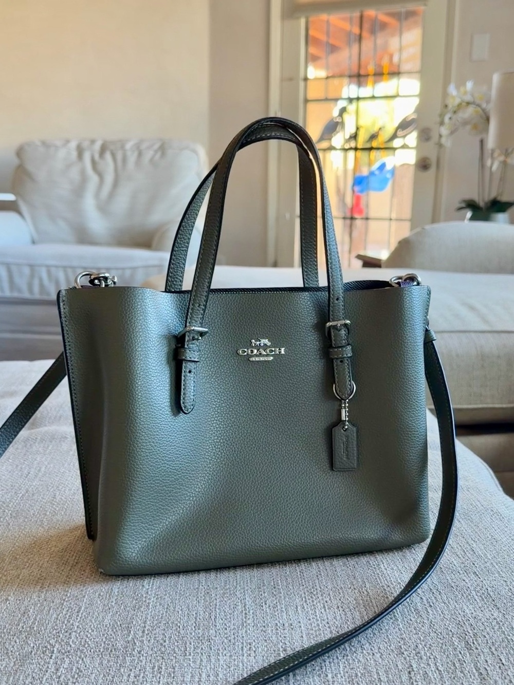 Small Coach Pebble Leather Tote Bag in Olive